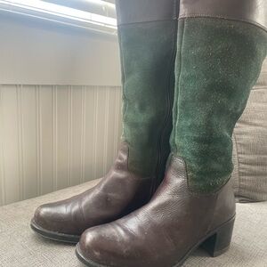 Women’s Two-Tone Brown Leather and Green Suede Knee Boots